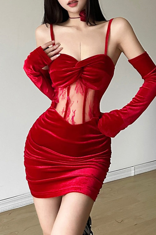 Velvet Sweetheart Twisted Knot Lace Corset Panel Cut Out Mini Dress
