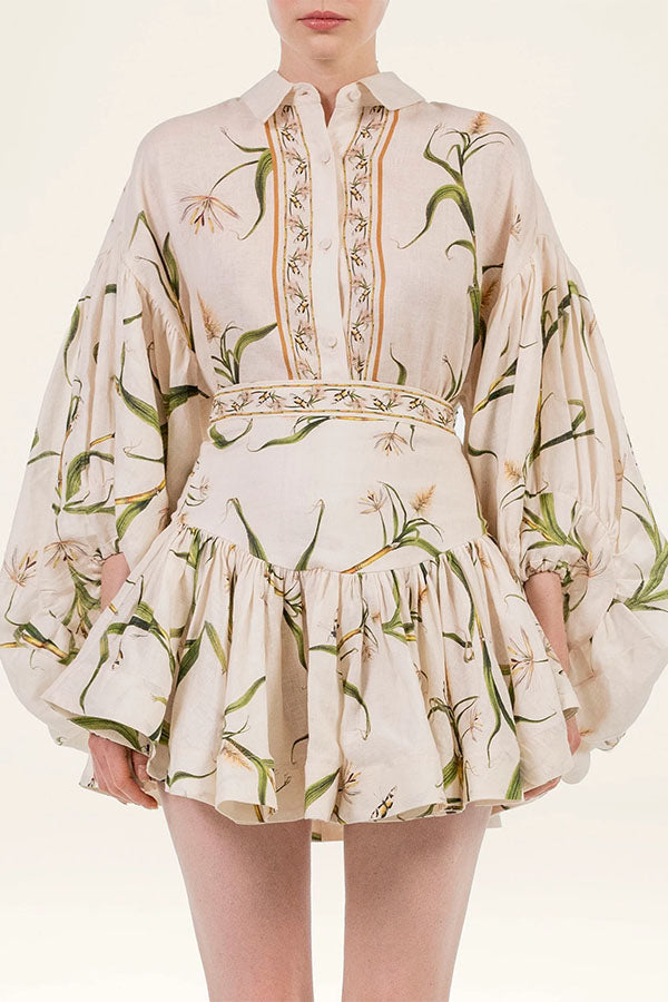 Botanical Print Puff-Sleeve Blouse & Ruffled Skirt Set