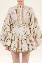 Botanical Print Puff-Sleeve Blouse & Ruffled Skirt Set