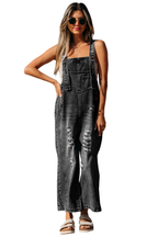 Blue Zone Planet | Stone Blue Distressed Bib Pocket Wide Leg Denim Overall