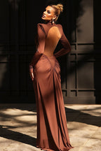 Mock Neck Padded Shoulder Cut Out Waist Ruched Maxi Dress