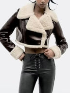 Teddy-lined Leather Lapel Neck Short Jacket