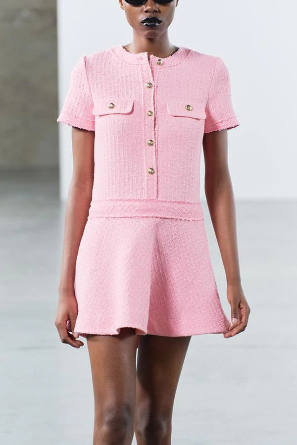 Rebekah Elevated 1960s London Girl Mini Dress in Textured Tweed with Gold Buttons and Short Sleeves and Pockets Boutique Collection