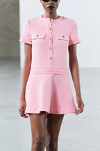 Rebekah Elevated 1960s London Girl Mini Dress in Textured Tweed with Gold Buttons and Short Sleeves and Pockets Boutique Collection