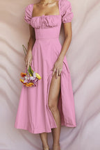 Off Shoulder Puff Sleeve Corset Tie Front High Split Maxi Dress