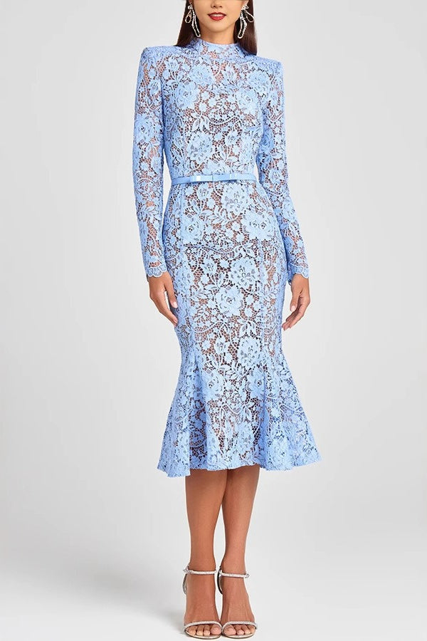 Lace Mock Neck Long Sleeve Belted Mermaid Trumpet Midi Dress