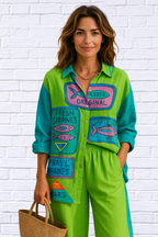 Fun, Bold, Eye-Catching Long Sleeved Elastic Waist Pants Set _ Lime Green and Turquoise