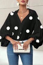Stylish Polka Dot Print Collared Puff Sleeve Loose Shirt