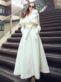 Full Length Flared Woolen Coat White Faux Fur Collar Classic Lapel Belted Slim A-line Winter Maxi Coat 2026