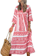 Puff Sleeve Tiered Geometric Print Boho Maxi Dress
