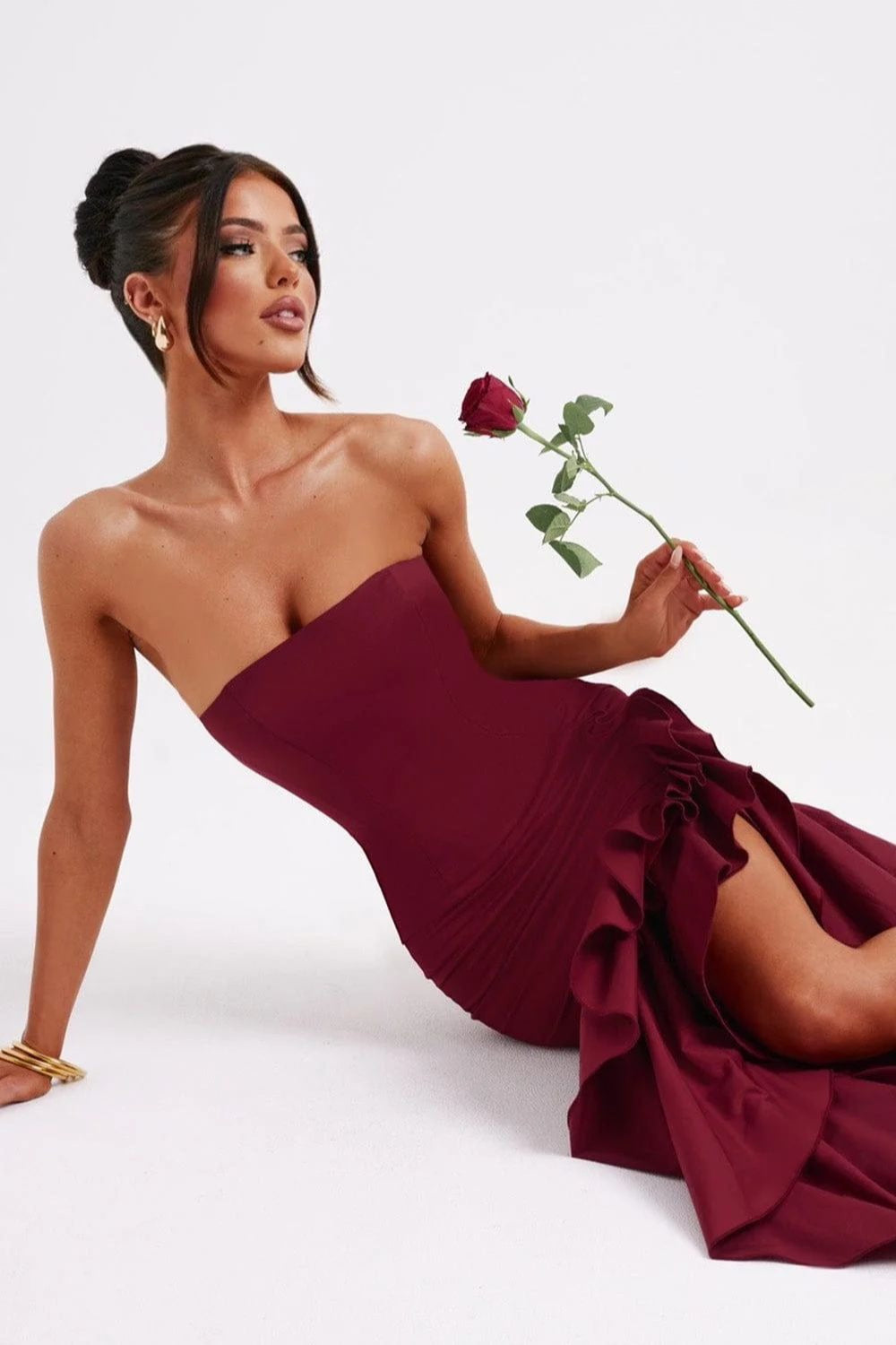 Strapless Corset Bustier High Split Ruffle Hem Maxi Dress
