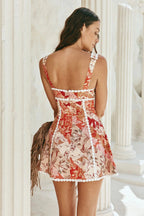 Red Square Neck Lace Trim Corset Lace Up Side Floral Print Mini Dress