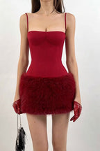 Spaghetti Strap Corset Bustier Faux Fur Trim Bodycon Mini Dress