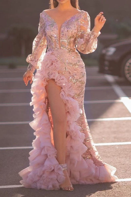 Sequin Lace Deep V-Neck Bishop Sleeve Ruffle High Split Maxi Gown