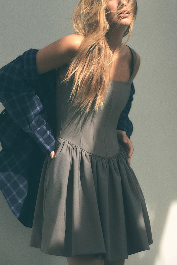 Velvet Square Neck Corset Seam Gathered Fit and Flare Mini Dress