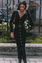 Rib Knit Deep V-Neck Button Front Belted Side Slit Midi Dress