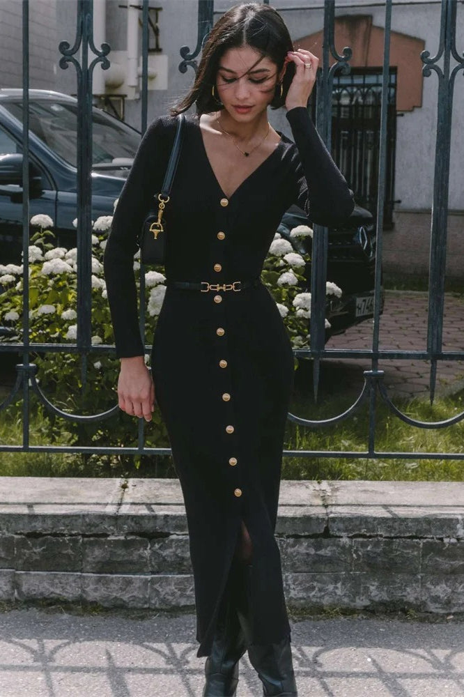 Rib Knit Deep V-Neck Button Front Belted Side Slit Midi Dress
