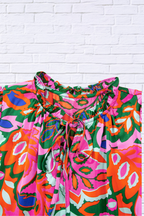 Tropical Print Short Sleeve Tie Neck Blouse _ Multicolor