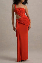 One Shoulder Ruched Side Cut Out Knot Detail Mermaid Maxi Dress