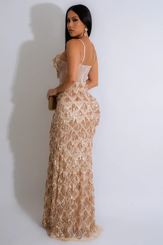 Sequin Diamond Quilt Tassel Fringe Sweetheart Corset Mesh Maxi Gown