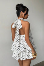 Halter High Neck Tiered Ruffle Polka Dot Romper Dress