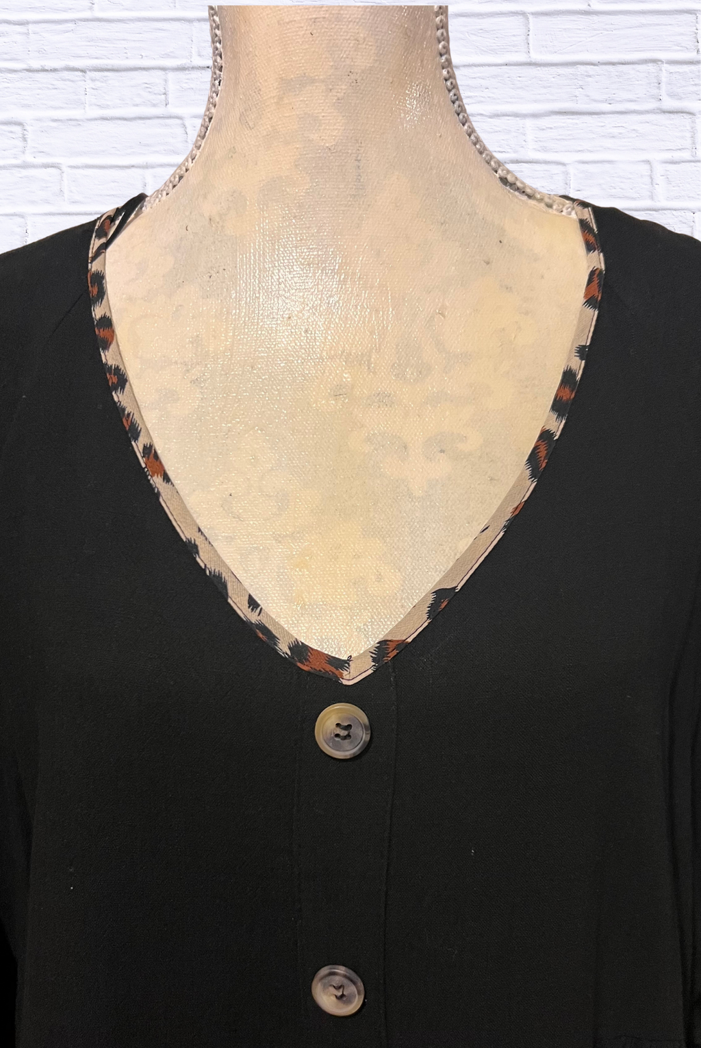 Umgee Black Baby Doll Dress _ V-Neck Button-Down with Leopard Trim Detail