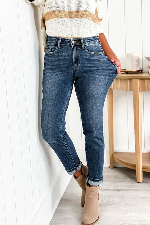 Distressed High Rise Stretchy Denim Pants
