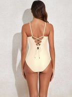 One-piece Swimsuit With Multi-colored Hollowed-out Gemstone Halter Straps, French Style.