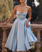 Lace Trim Corset Bustier Spaghetti Strap Pleated Pocket Tea Length Dress