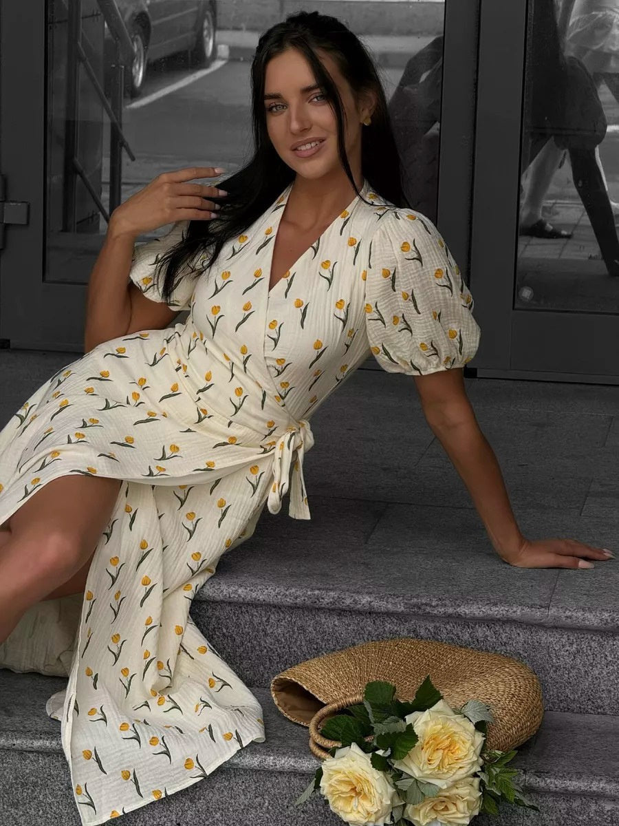 Pure Cotton Bandage Wrap-up Puff Sleeve Printed Comfort Maxi Dresses