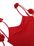 Backless 3D Floral Shoulder Strap Satin Formal Dress Red Midi Dresses