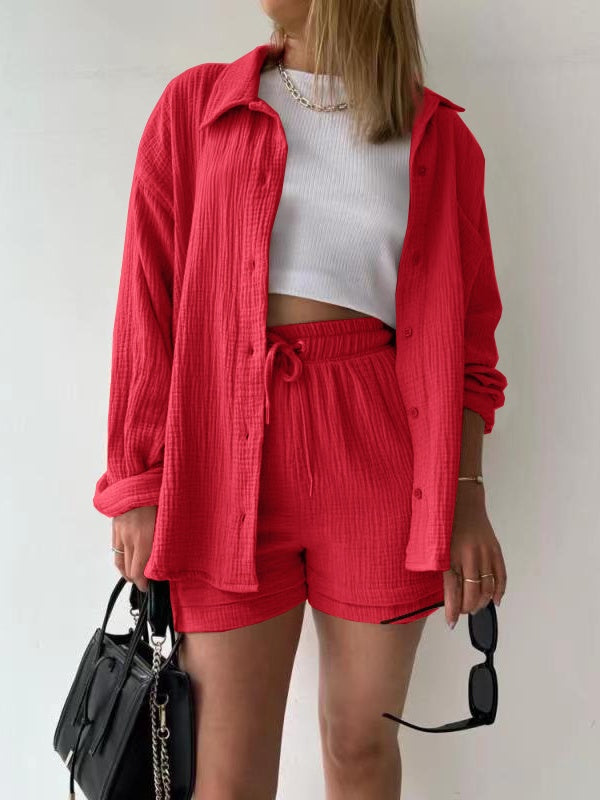 Long-sleeved Shirt And High-waisted Drawstring Shorts Casual Two-piece Set