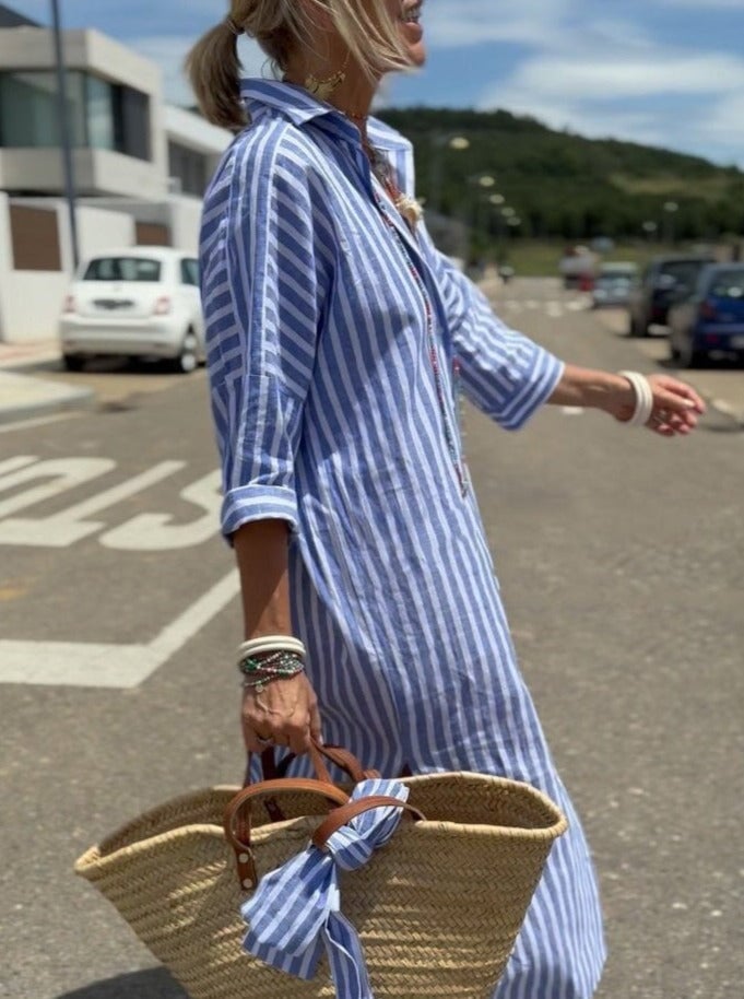 Vertical Stripe Long Sleeve Button Down Side Slit Midi Shirt Dress