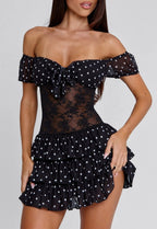 Black Off Shoulder Tie Front Lace Panel Tiered Polka Dot Mini Dress