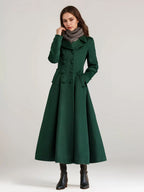 Wool Blend Flared Coat For Women Dark Navy Double-breasted Wide Lapel A-line Winter Outerwear 2026