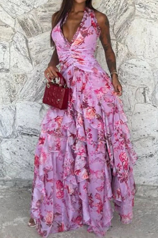 Floral Halter Neck Deep V-Neck Ruffle Trim Tiered Ruffle High Split Maxi Dress