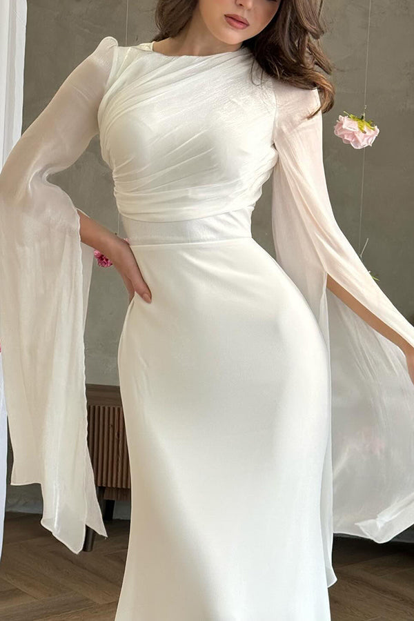 Satin Ruched High Neck Bell Sleeve Slit Mermaid Maxi Gown