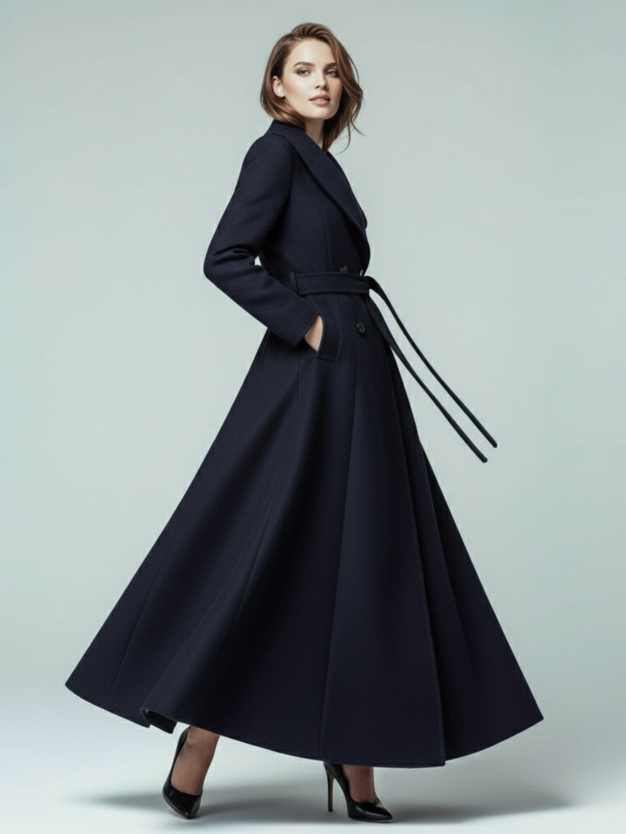 Woolen Belted Maxi Coat With Shawl Collar And Double-breasted For Women 2026
