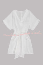 Breezy Retreat Cotton Linen Blend Pocketed Belt Kimono Mini Dress