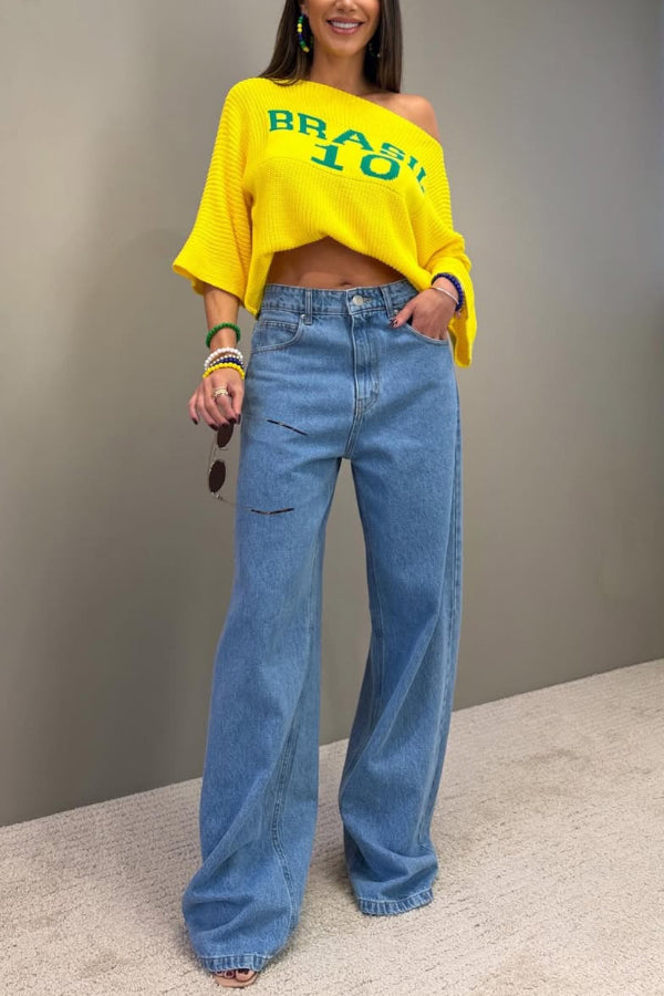 World Cup Letter Jacquard Loose-fitting Sloping Shoulders Cropped Knit Top
