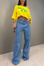 World Cup Letter Jacquard Loose-fitting Sloping Shoulders Cropped Knit Top