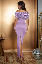Satin Ruched Panel Off-Shoulder Fitted Silk Dress
