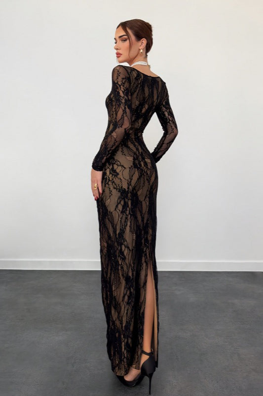 Lace Corset Square Neck Long Sleeve Bodycon Midi Dress