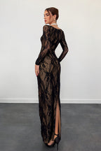 Lace Corset Square Neck Long Sleeve Bodycon Midi Dress