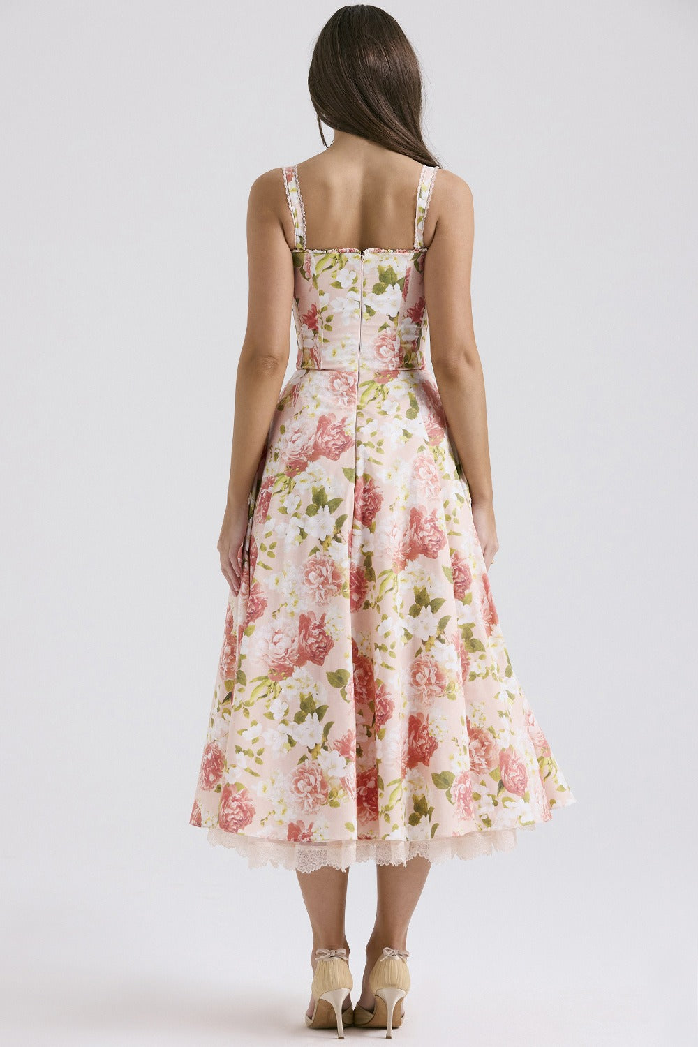 Wide Strap Lace Trim Corset Bodice Floral Print A-Line Midi Dress