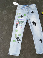 Hand Drawn Graffiti Leather Cross Boyfriend Jeans