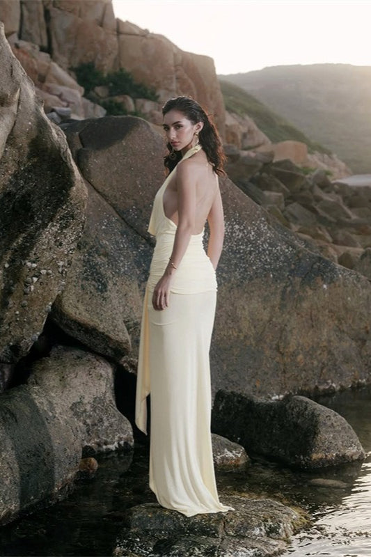 Plunging Halter Cowl Neck Ruched Side Sash Drape Maxi Dress