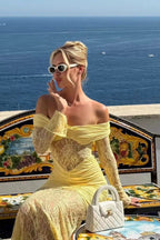 Lace Off Shoulder Long Sleeve Ruched Panel Cut Out Mermaid Maxi Dress