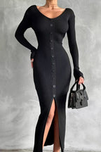 Ribbed Knit V-Neck Button Front Long Sleeve Front Slit Midi Dress