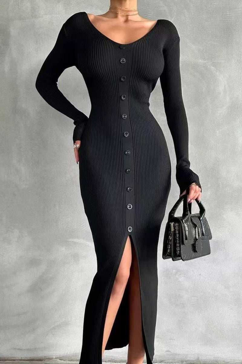 Ribbed Knit V-Neck Button Front Long Sleeve Front Slit Midi Dress